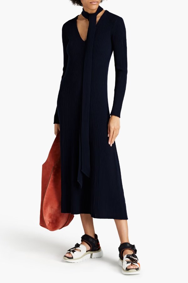Tie-neck ribbed wool and silk-blend midi dress