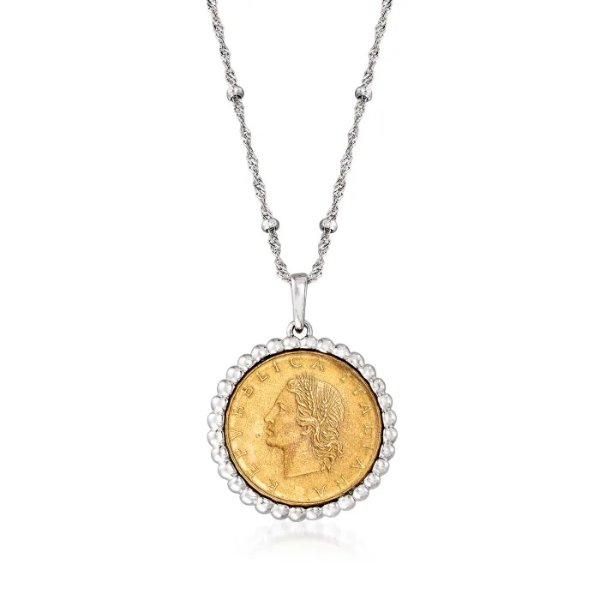 Italian Genuine 20-Lira Coin Pendant Necklace in Sterling Silver. 18&quot; | Ross-Simons