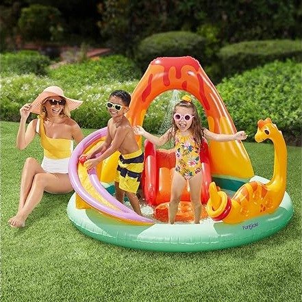 Funsicle 6 ft Volcanic Valley Inflatable Playcenter with Kids Slide, Water Sprayer, Ball & Ring Toss Games, Above-Ground Pool