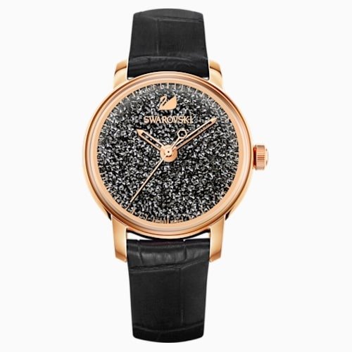 Crystalline Hours Watch, Leather strap, Black, Rose-gold tone PVD by SWAROVSKI