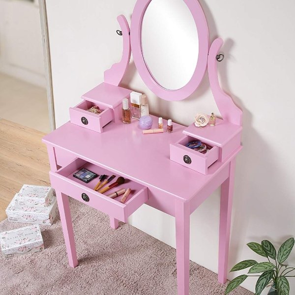 Furniture Moniys Moniya Pink Wood Makeup Vanity Table and Stool Set