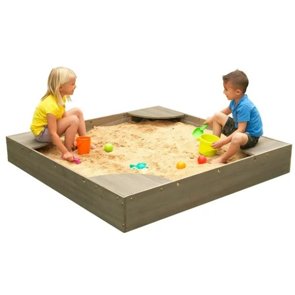 Wooden Backyard Sandbox with Built-in Corner Seating and Mesh Cover, Gray
