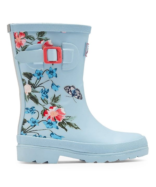 Blue Floral Buckle-Accent Welly Rain Boot - Girls