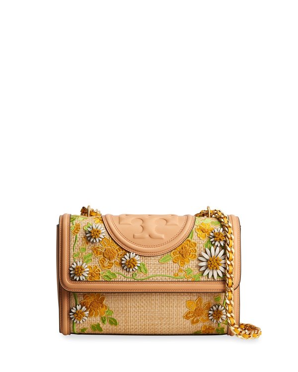 Fleming Floral-Embroidered Raffia/Leather Shoulder Bag