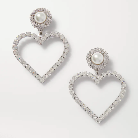 人造珍珠、水晶、银色夹扣式耳环