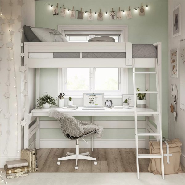 Everiz Twin Solid Wood Loft Bed with Built-in-Desk 
