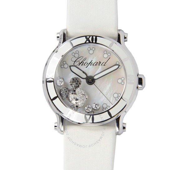 Happy Sport Diamond Mickey Mouse Mother of Pearl Dial White Satin Ladies Watch