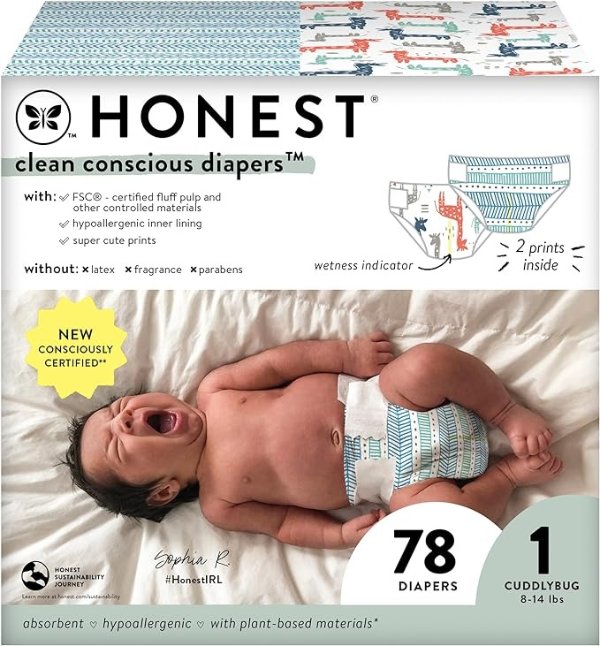 The Honest Company Clean Conscious Diapers | Plant-Based, Sustainable | Dots & Dashes + Multi-Colored Giraffes | Club Box, Size 1 (8-14 lbs), 78 Count