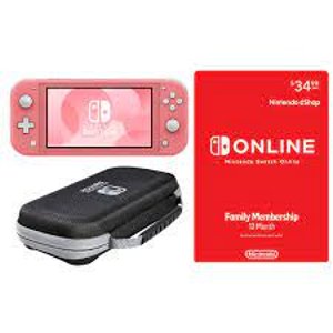 Nintendo Switch Lite Coral with 12 Month Family Membership and Case