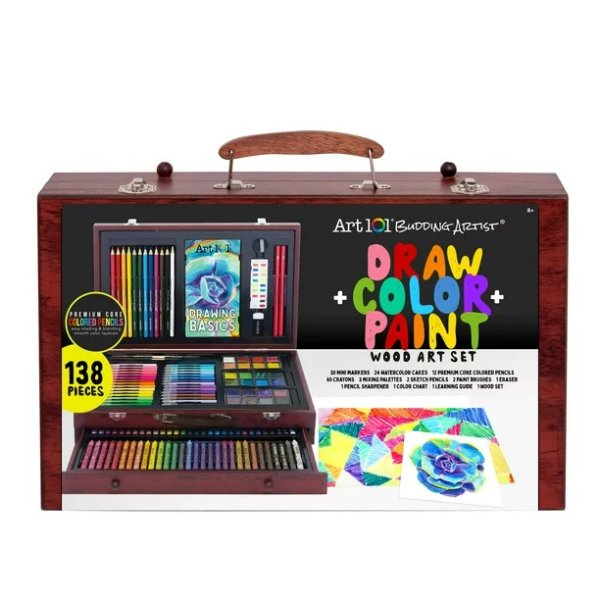 Art 101 Budding Artist Multifunctional Art Set / Kit in Wood Case with 138 Pieces for Children to Adults