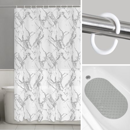 Marvelous Marble Print 14-Piece Bath Set: INCLUDES 1 PEVA Shower Curtain, 1 Tub Mat, 12 Shower Hooks