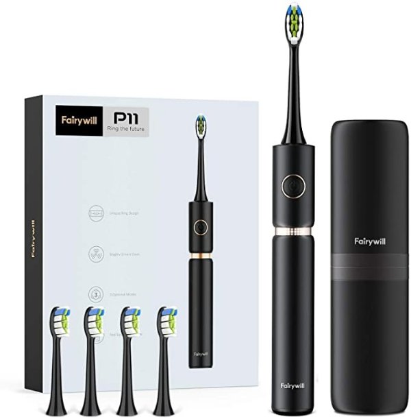 Sonic Whitening Electric Toothbrush - ADA Accepted Rechargeable Electric Toothbrush for Adults Clean, Red Dot Award 2020, Ultra Powerful 62,000 VPC Motor, 4 Heads & 1 Travel Case, Black by Fairywill