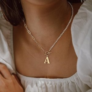 Yoosteel Gold Initial Pearl Necklace