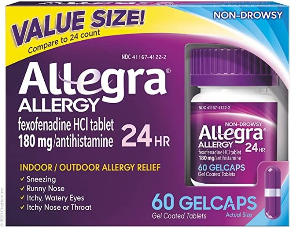 Allergy 24 Hour Gelcaps 180 mg 60 Count Long-Lasting Fast-Acting Antihistamine for Noticeable Relief from Indoor and Outdoor Allergy Symptoms