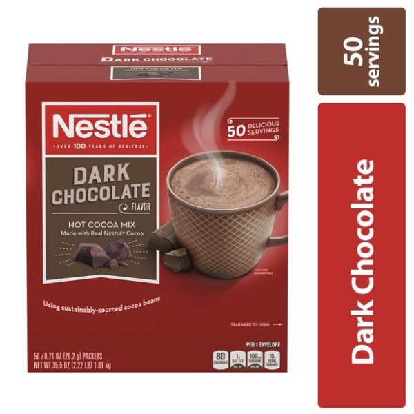 Hot Cocoa Mix, Dark Chocolate Single Serve Hot Chocolate Packets, 50 Ct