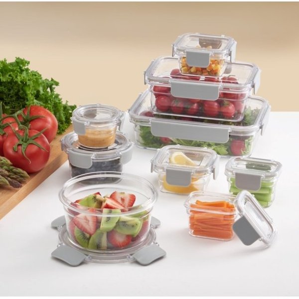18PC Tritan Food Storage Container - Clear lid & Container, Light Grey Clasps, 9Pack