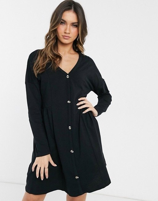 oversized smock dress with horn buttons in black | ASOS