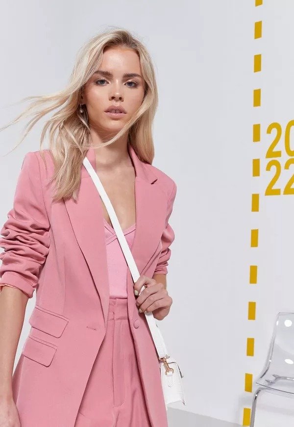 - Pink Co Ord Power Shoulder Cinched Waist Tailored Blazer