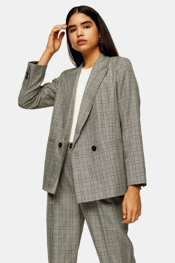 PETITE Mint Check Double Breasted Blazer