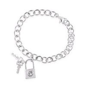 Sterling Silver White Sapphire Lock & Keys Charm Bracelet - 7.5"