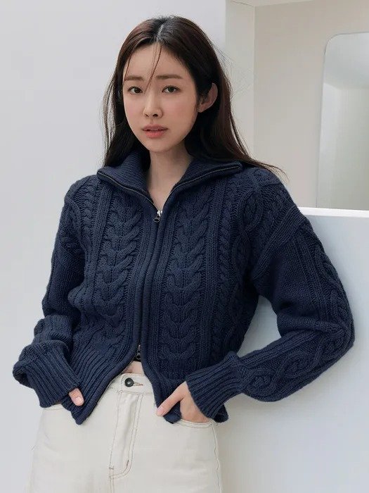 [Exclusive] Wool Cable Knit Zip-up Cardigan_Navy