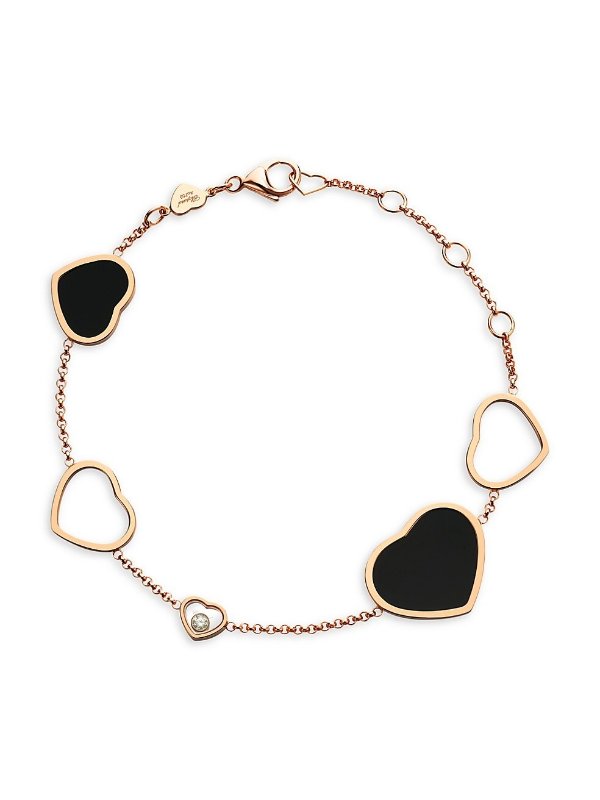 Happy Hearts 18K Rose Gold, Onyx & Diamond Charm Bracelet