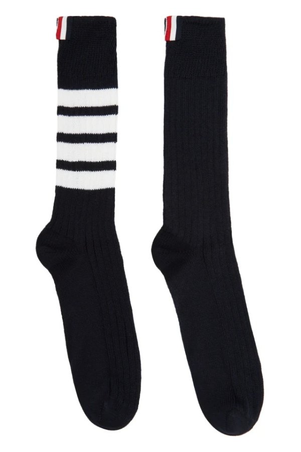 Navy Chunky Rib 4-Bar Mid-Calf Socks