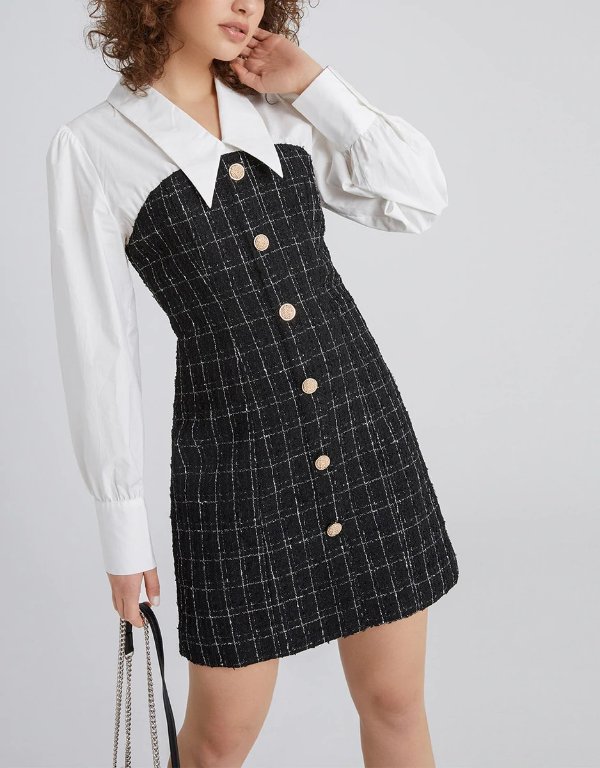 Shirt Collar Spliced Tweed Bodycon Dress (SELECT SIZES FOR PRE-ORDER)