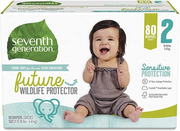 Seventh Generation Baby Diapers, Size 2, 80 Count, Super Pack, for Sensitive Skin