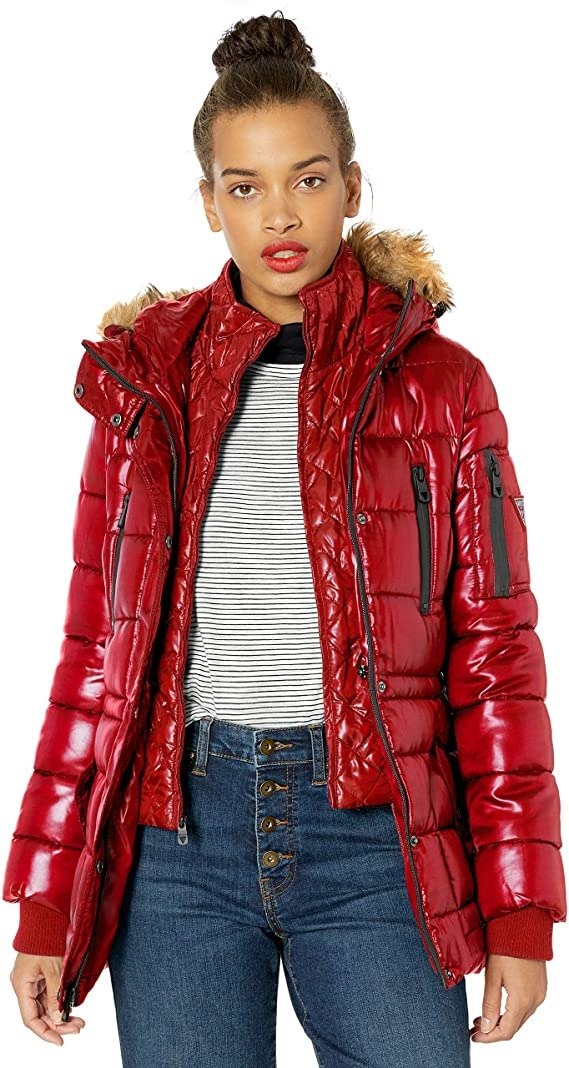 GUESS Women's Hooded Quilted Puffer Jacket with Removable Faux Fur Trim