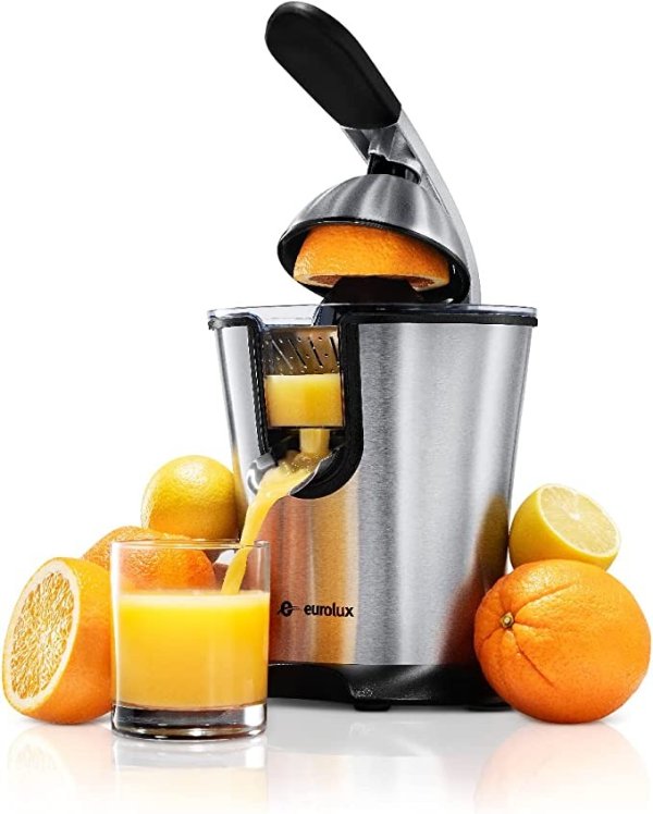 Citrus Juicer - Powerful Electric Orange Juicer with New and Improved Easy Juicing Technology - Stainless Steel Orange Juice Squeezer with Soft Grip Handle and Lid for Oranges of All Sizes