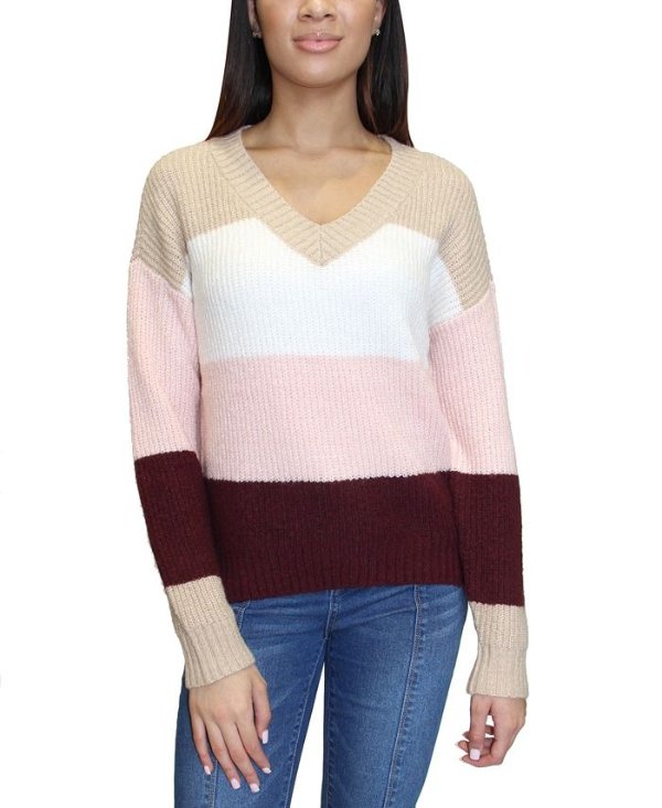 Juniors' Colorblocked V-Neck Sweater