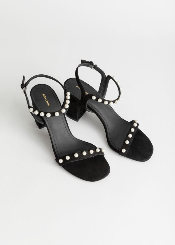 Pearl Studded Suede Heeled Sandals