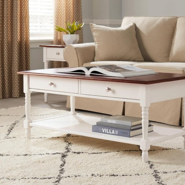 Trentwick Rectangular Ivory Wood 2 Drawer Coffee Table with Walnut Finish Top (44.09 in. W x 19 in. H)