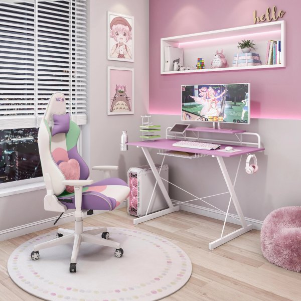 Techni Sport TS-200 Carbon 47" Computer Gaming Desk with Shelving, Pink and White