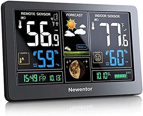 Weather Station Wireless Indoor Outdoor Thermometer, Color Display Digital Weather Thermometer with Atomic Clock, Forecast Station with Calendar and Adjustable Backlight