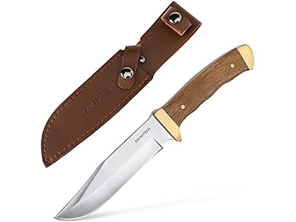 Fixed Blade Knife, 11 Inch Full Tang Hunting Knife with Wood Handle for Outdoors, Tactical and Survival, Leather Sheath Included