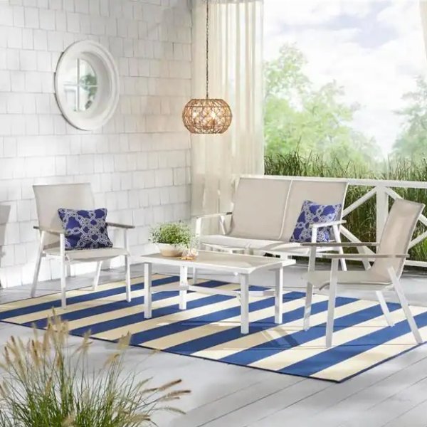 Beach Haven Shell White 4-Piece Sling Outdoor Patio Conversation Seating Set