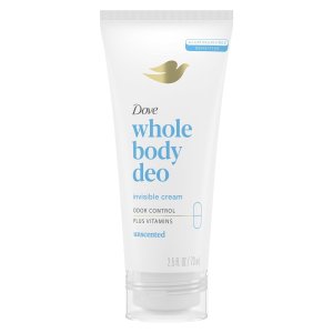 Dove Whole Body Deo Aluminum Free Invisible Cream Deodorant Unscented for 72h Odor Control, 2.5 oz