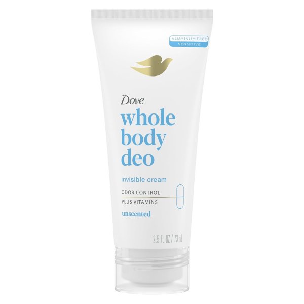 Whole Body Deo Aluminum Free Invisible Cream Deodorant Unscented for 72h Odor Control, 2.5 oz