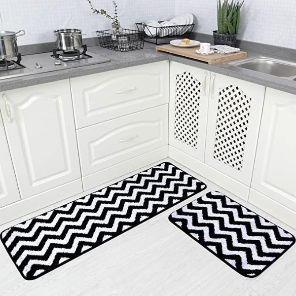 2 Pieces Microfiber Chevron Non-Slip Soft Kitchen Mat Bath Rug Doormat Runner Carpet Set, 17"x48"+17"x24", Black