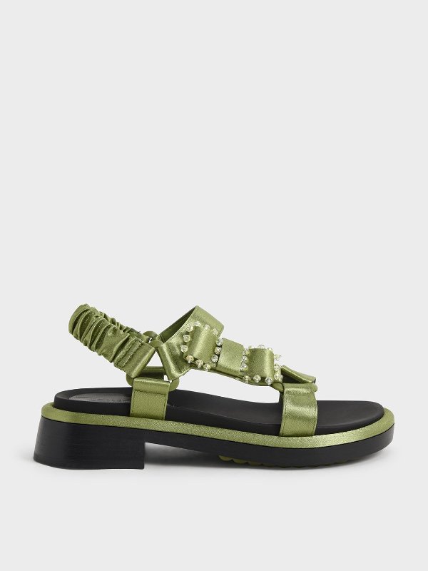 Green Miko Gem-Embellished Satin Sandals | CHARLES &amp; KEITH