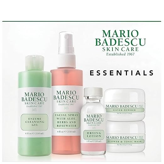 Essentials 5 Piece Kit, Skincare Gift Set With Drying Lotion, Rose Water Facial Spray, Silver Powder, Enzyme Cleansing Gel and Flower & Tonic Mask
