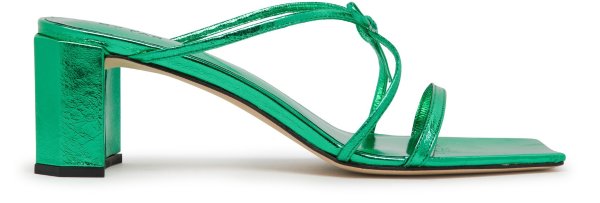 June Clover green metallic leather mid-heel mules