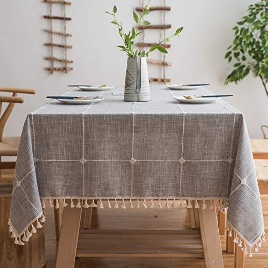 Embroidery Tassel Tablecloth - Cotton Linen Dust-Proof Table Cover for Kitchen Dining Room Party Home Tabletop Decoration (Square, 55 x 55 Inch, Light Grey)