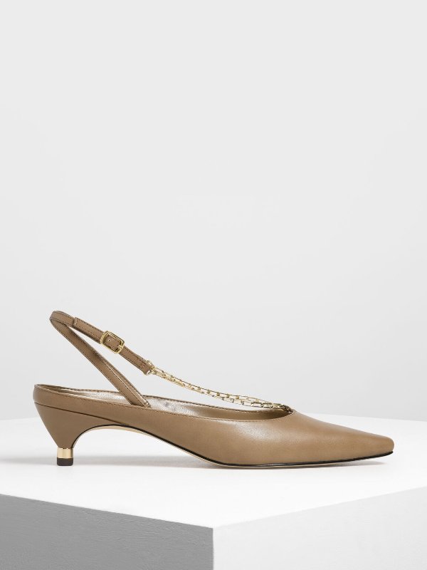 Nude Gold Chain Detail Kitten Heel Pumps