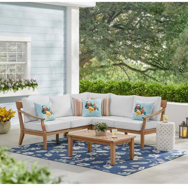 Woodford Eucalyptus Wood Outdoor Conversation Set with CushionGuard Bright White Cushions