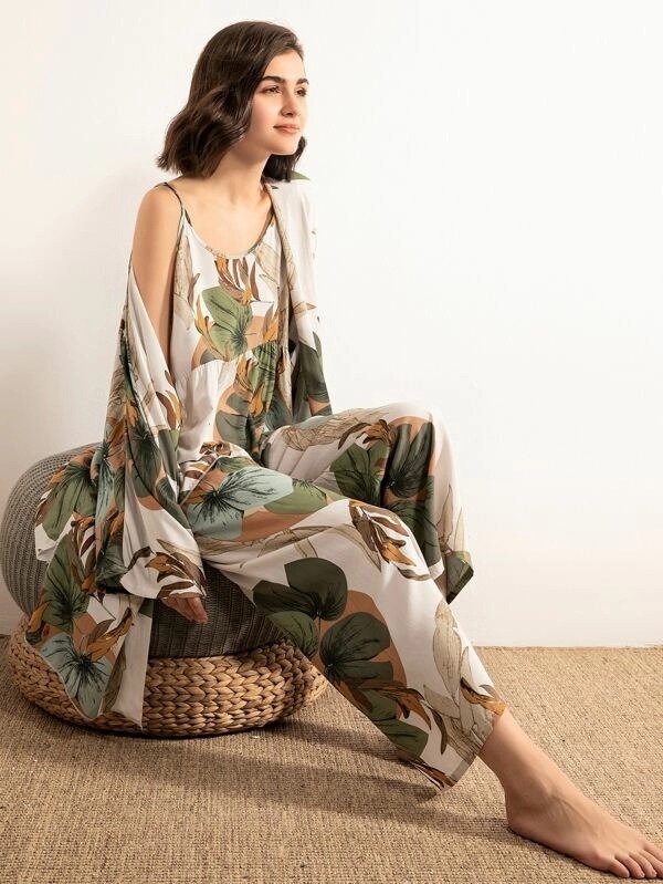 Leaf Print Cami PJ Set With Robe