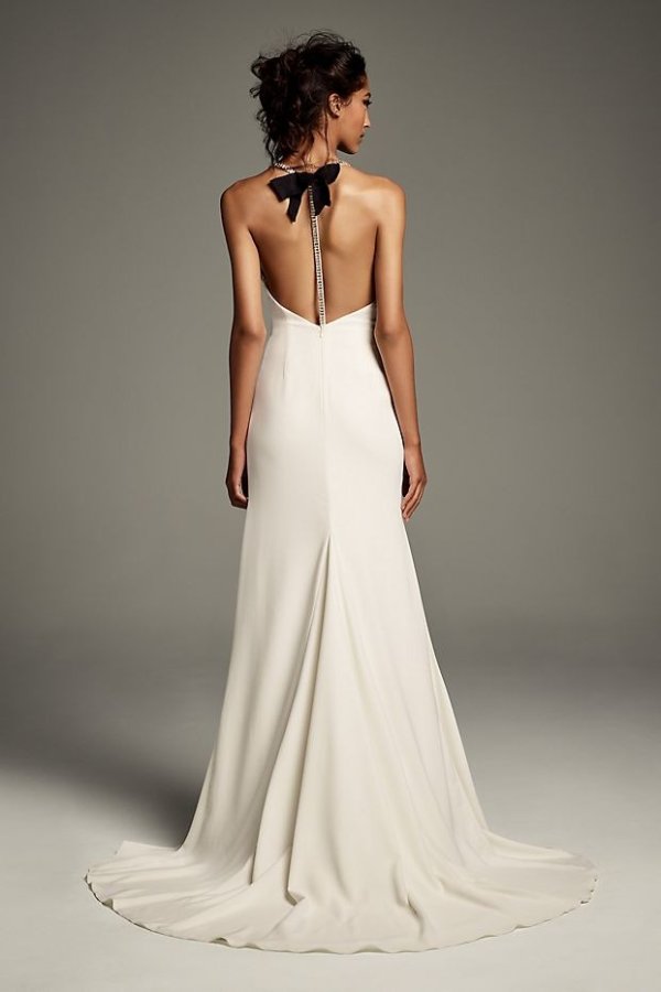 Crystal T-Back Stretch Crepe Slip Gown with Ribbon