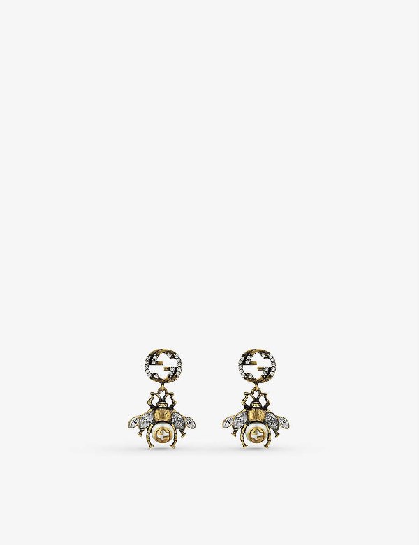 Bee-motif aged gold-toned crystal and faux-pearl earrings
